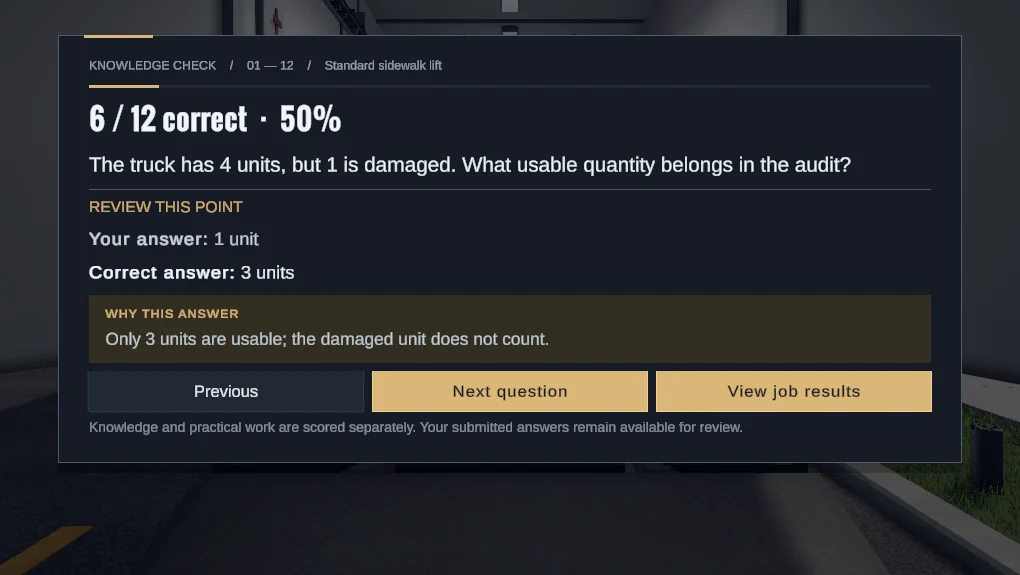 A knowledge check with answer explanations in the simulator